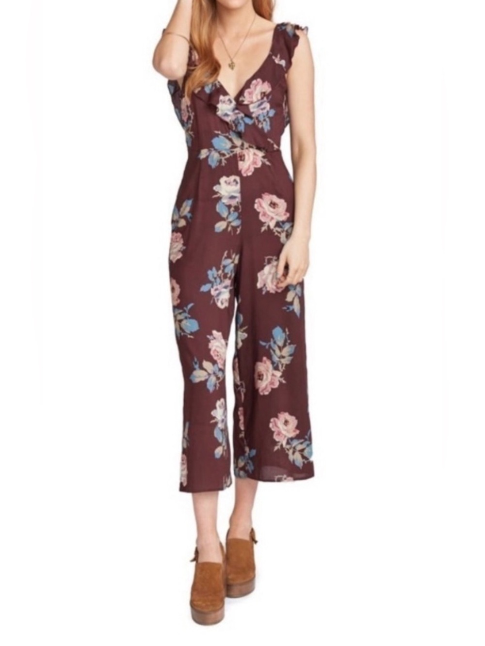 Show Me Your MuMu Brown Floral Wrap V-Neck Wide-Leg Jumpsuit